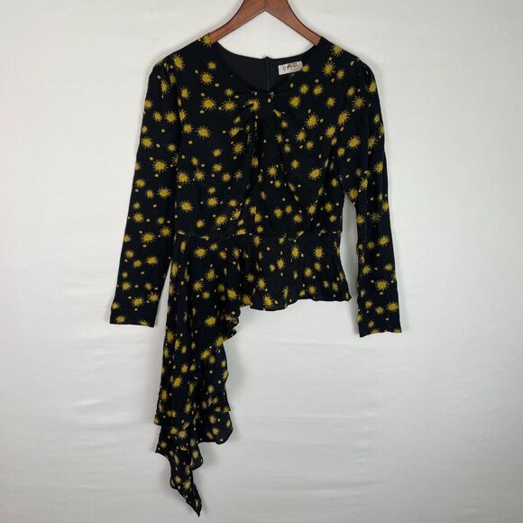 DELFI Collective Fallon Silk Long Sleeve Draped Hem Blouse Top Black Yellow XS - Picture 2 of 7